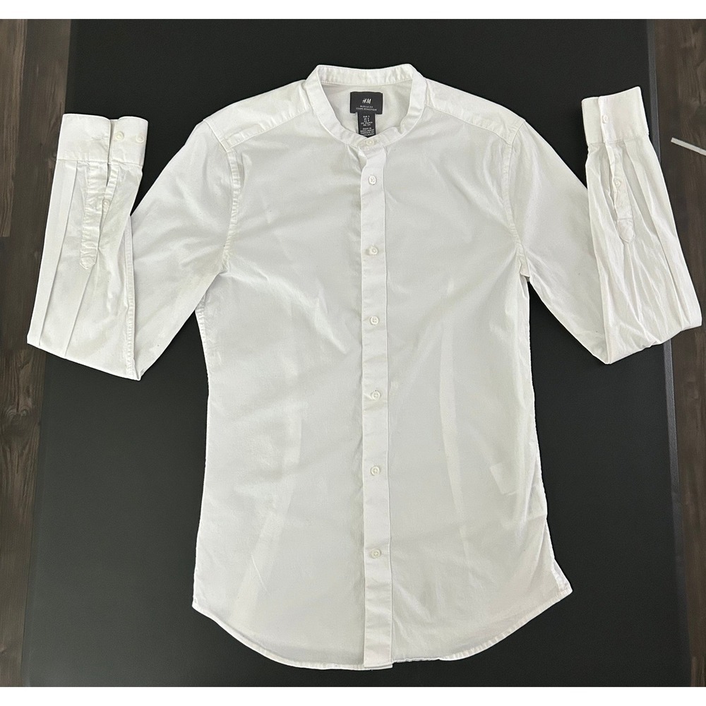 HM Muscle Fit Shirt Small White Grandad Band Collar Long Sleeve Button Up 1494